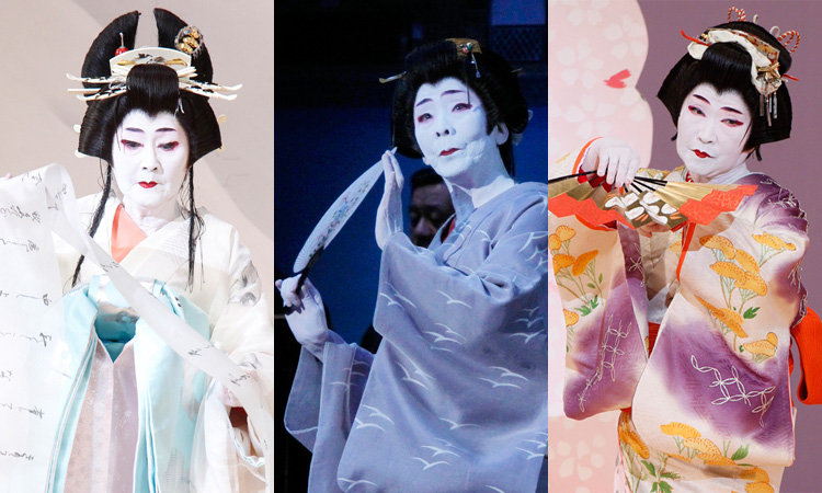 「雪月花」 長唄「雪傾城」 藤間勘繁(左)、 清元「舟」 藤間勘友枝(中)、長唄「七福神」 藤間勘紫枝
